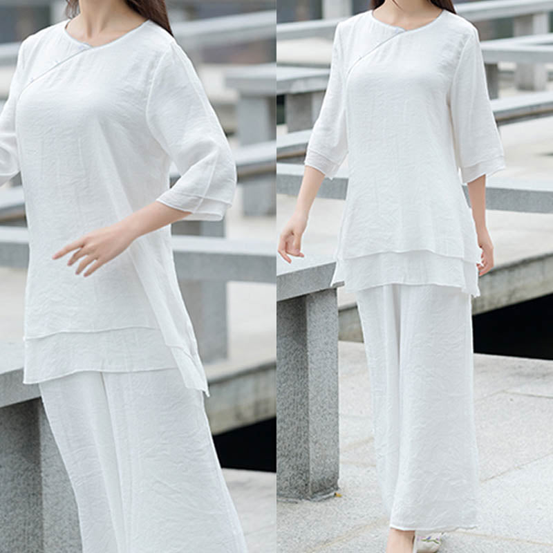 Set da donna con 2 pezzi Buddha Stones , design semplice, pantaloni bianchi, abbigliamento per meditazione, yoga, zen e tai chi - image 2