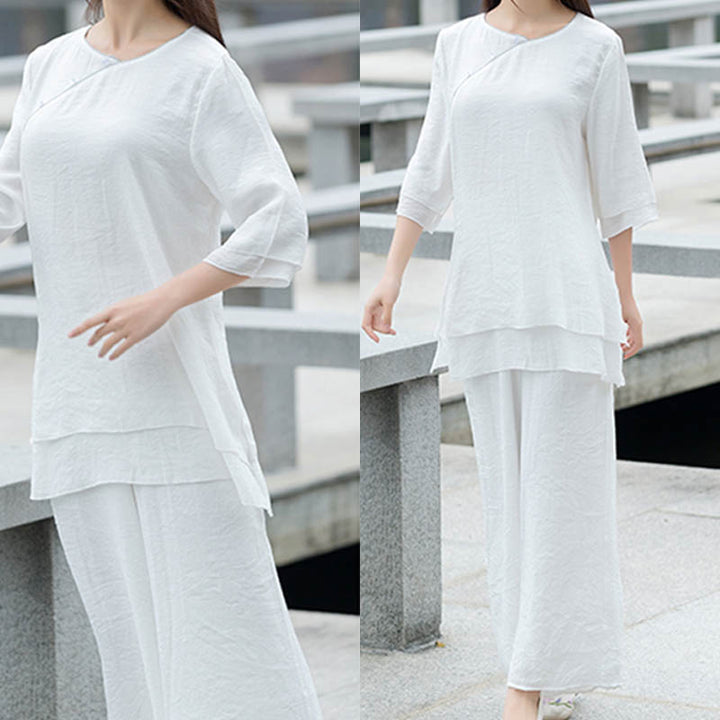 Set da donna con 2 pezzi Buddha Stones , design semplice, pantaloni bianchi, abbigliamento per meditazione, yoga, zen e tai chi - image 2