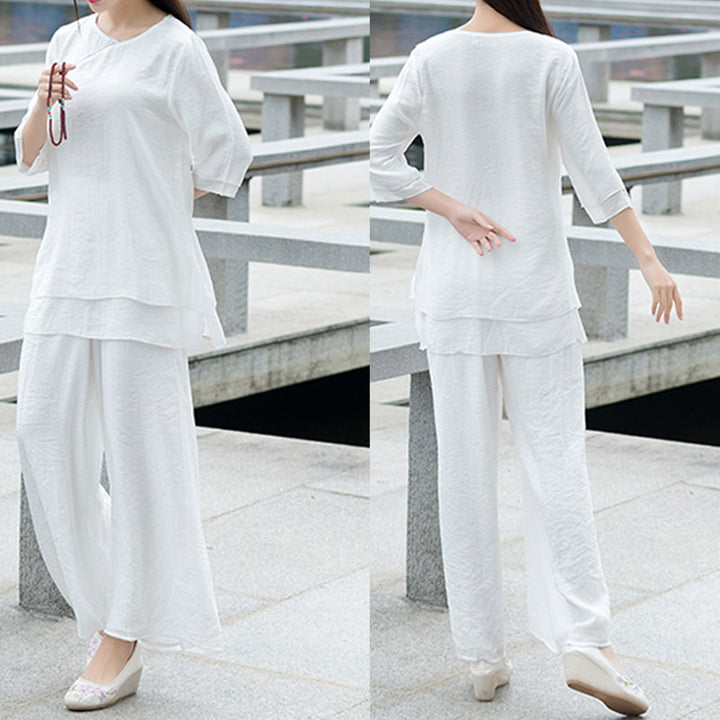 Buddha Stones 2 pezzi design semplice pantaloni bianchi top meditazione yoga zen tai chi cotone lino abbigliamento donna set