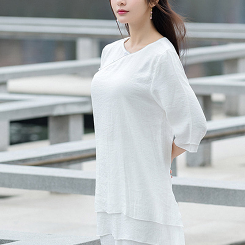 Set da donna con 2 pezzi Buddha Stones , design semplice, pantaloni bianchi, abbigliamento per meditazione, yoga, zen e tai chi - image 5