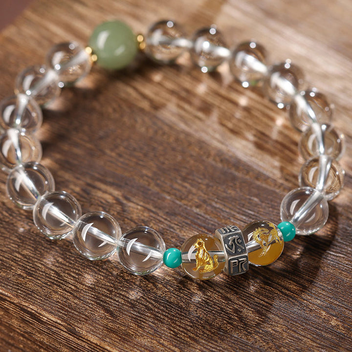 Buddha Stones 925 Sterling Silver Zodiaco cinese Buddha natale Gruppi di buon auspicio Cristallo bianco Braccialetto di guarigione in giada di Hetian - Gruppi propizi del maiale: maiale/coniglio/capra - 10 mm (circonferenza del polso 14-16 cm) - image 0