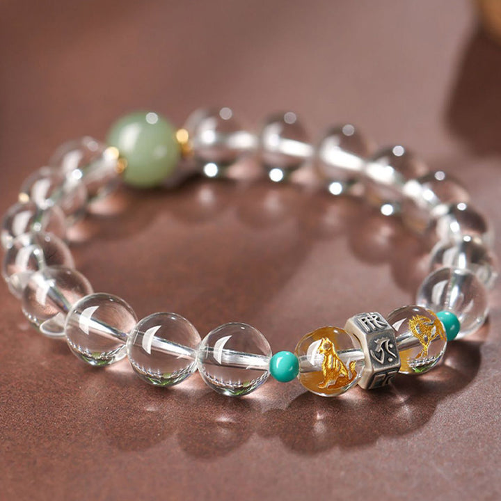 Buddha Stones 925 Sterling Silver Zodiaco cinese Buddha natale Gruppi di buon auspicio Cristallo bianco Braccialetto di guarigione in giada di Hetian