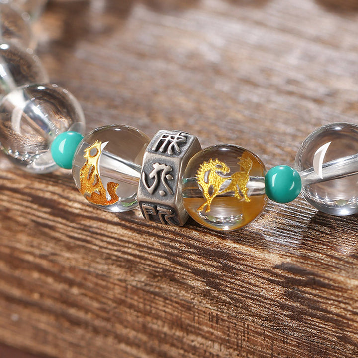 Buddha Stones 925 Sterling Silver Zodiaco cinese Buddha natale Gruppi di buon auspicio Cristallo bianco Braccialetto di guarigione in giada di Hetian - image 5