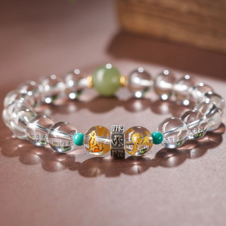 Buddha Stones 925 Sterling Silver Zodiaco cinese Buddha natale Gruppi di buon auspicio Cristallo bianco Braccialetto di guarigione in giada di Hetian