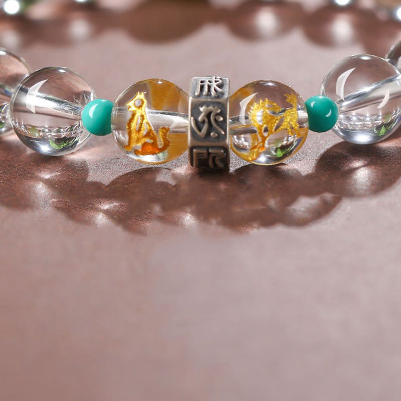 Buddha Stones 925 Sterling Silver Zodiaco cinese Buddha natale Gruppi di buon auspicio Cristallo bianco Braccialetto di guarigione in giada di Hetian