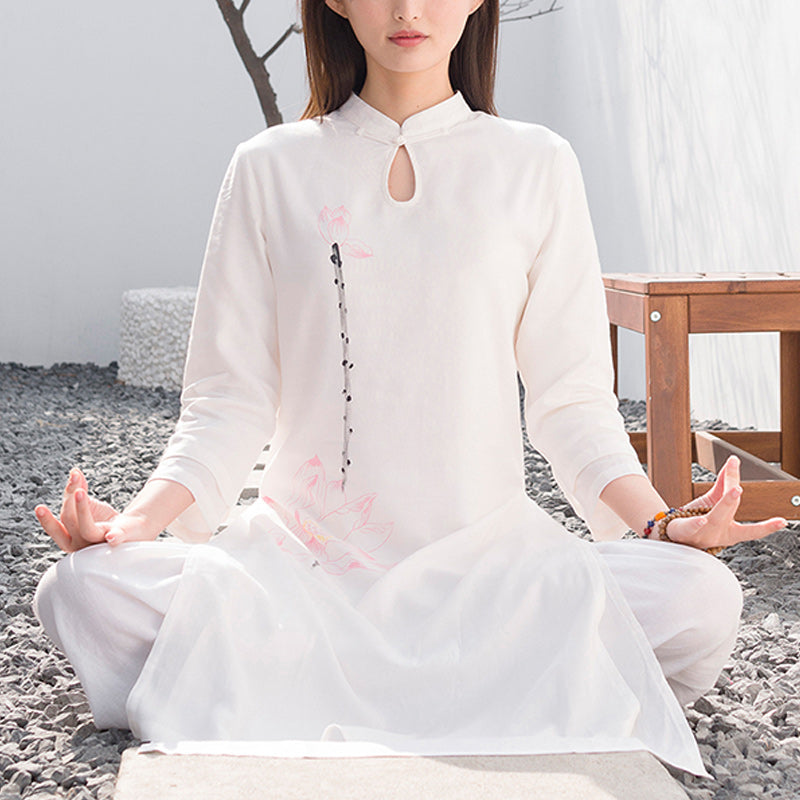 Buddha Stones 2 pezzi modello loto Tai Chi Meditazione Yoga Cotone Lino Abbigliamento Top Pantaloni Set da donna - Bianco (maglietta e pantaloni) - US12, UK/AU16, EU44 (2XL)  - image 0