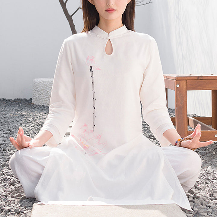 Buddha Stones 2 pezzi modello loto Tai Chi Meditazione Yoga Cotone Lino Abbigliamento Top Pantaloni Set da donna - Bianco (maglietta e pantaloni) - US12, UK/AU16, EU44 (2XL)  - image 0