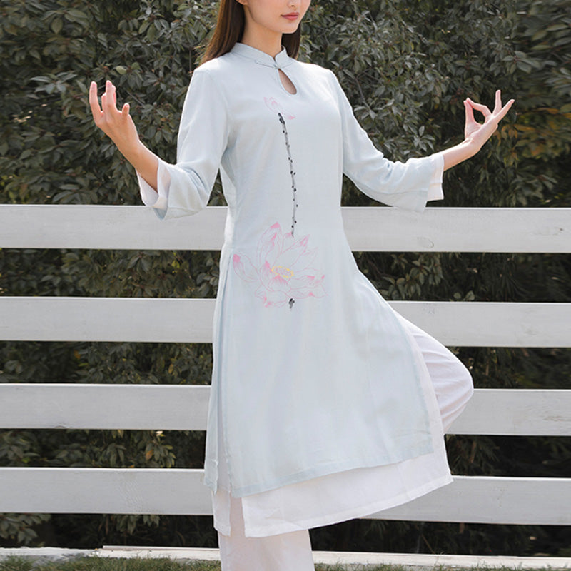 Buddha Stones 2 pezzi modello loto Tai Chi Meditazione Yoga Cotone Lino Abbigliamento Top Pantaloni Set da donna - Maglietta blu e pantaloni bianchi - US12, UK/AU16, EU44 (2XL)  - image 6