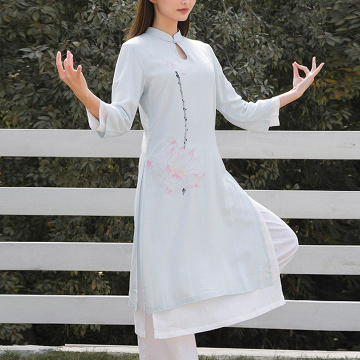 Buddha Stones 2 pezzi modello loto Tai Chi Meditazione Yoga Cotone Lino Abbigliamento Top Pantaloni Set da donna - Maglietta blu e pantaloni bianchi - US12, UK/AU16, EU44 (2XL)  - image 6
