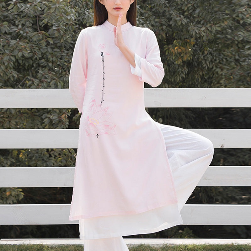 Buddha Stones 2 pezzi modello loto Tai Chi Meditazione Yoga Cotone Lino Abbigliamento Top Pantaloni Set da donna - Top rosa e pantaloni bianchi - US12, UK/AU16, EU44 (2XL)  - image 15