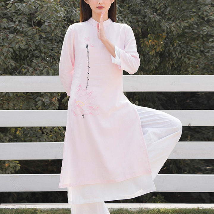 Buddha Stones 2 pezzi modello loto Tai Chi Meditazione Yoga Cotone Lino Abbigliamento Top Pantaloni Set da donna - Top rosa e pantaloni bianchi - US12, UK/AU16, EU44 (2XL)  - image 15