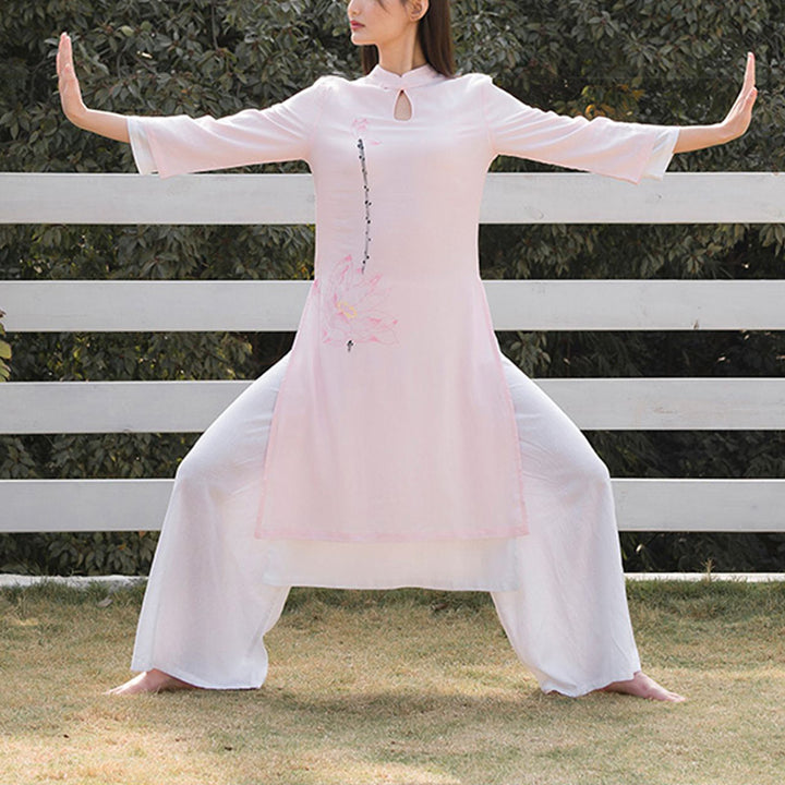 Buddha Stones 2 pezzi modello loto Tai Chi Meditazione Yoga Cotone Lino Abbigliamento Top Pantaloni Set da donna - image 16