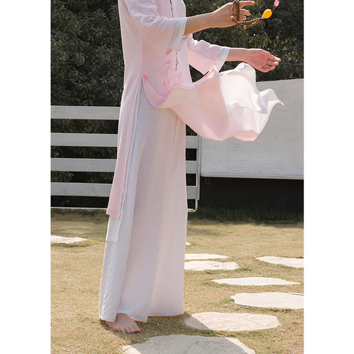 Buddha Stones 2 pezzi modello loto Tai Chi Meditazione Yoga Cotone Lino Abbigliamento Top Pantaloni Set da donna - image 19