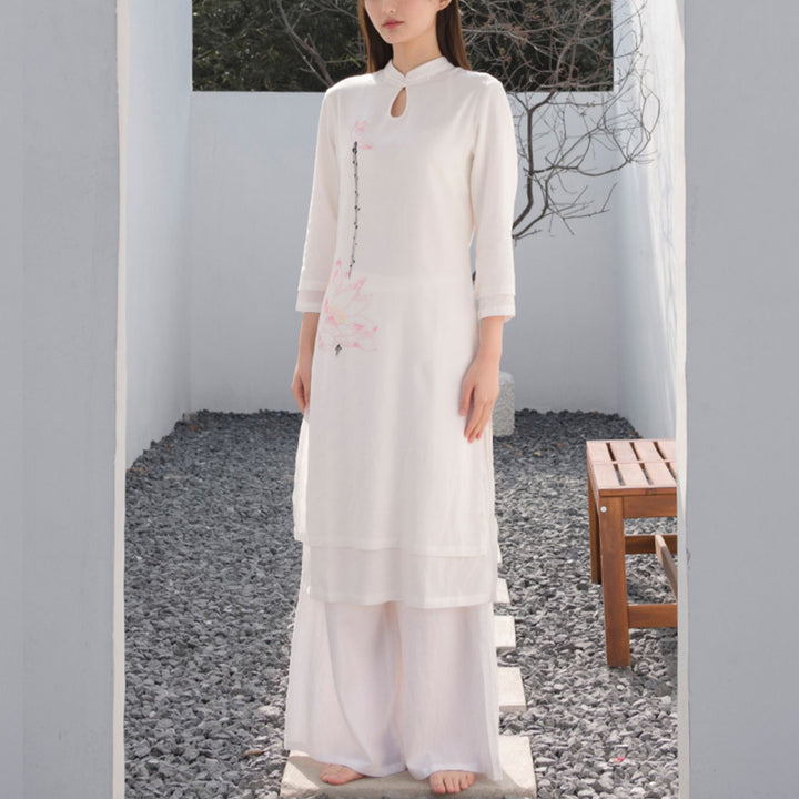 Buddha Stones 2 pezzi modello loto Tai Chi Meditazione Yoga Cotone Lino Abbigliamento Top Pantaloni Set da donna - image 5