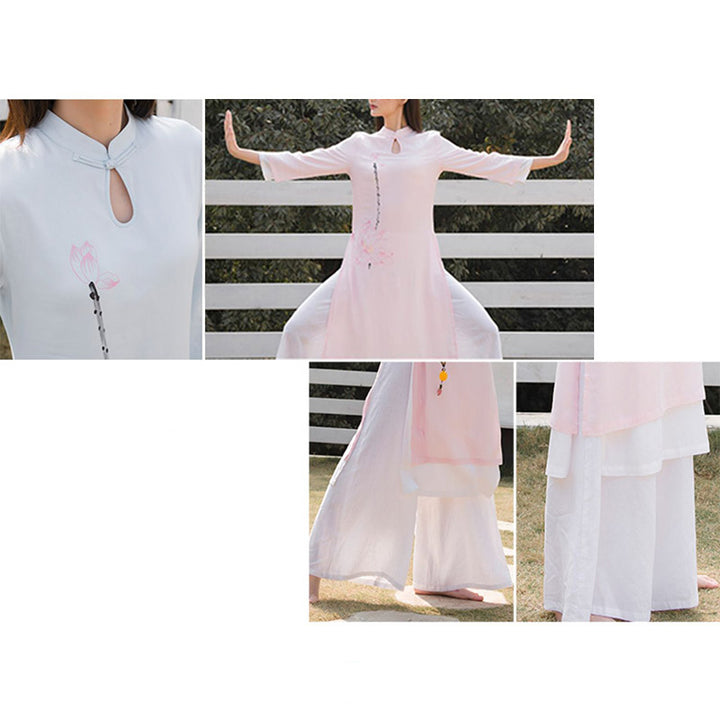 Buddha Stones 2 pezzi modello loto Tai Chi Meditazione Yoga Cotone Lino Abbigliamento Top Pantaloni Set da donna - image 23