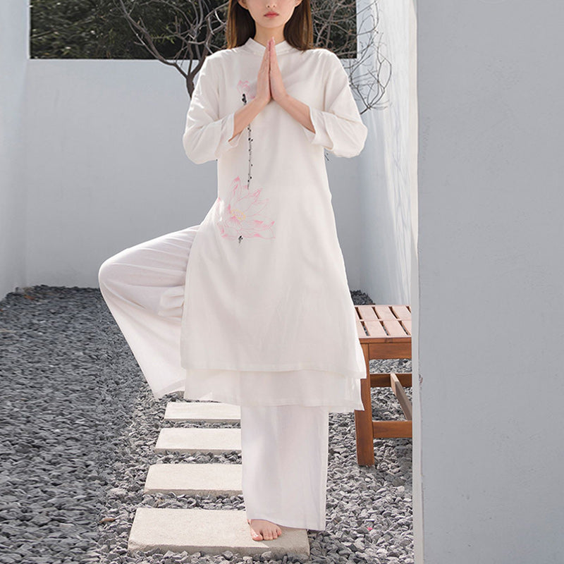 Buddha Stones 2 pezzi modello loto Tai Chi Meditazione Yoga Cotone Lino Abbigliamento Top Pantaloni Set da donna - image 1