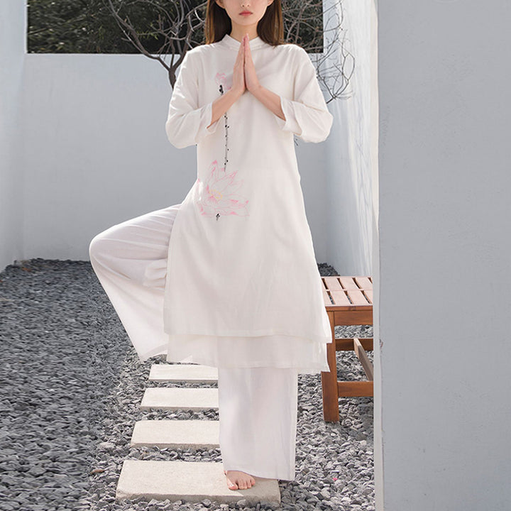 Buddha Stones 2 pezzi modello loto Tai Chi Meditazione Yoga Cotone Lino Abbigliamento Top Pantaloni Set da donna - image 1