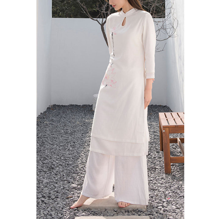 Buddha Stones 2 pezzi modello loto Tai Chi Meditazione Yoga Cotone Lino Abbigliamento Top Pantaloni Set da donna - image 3