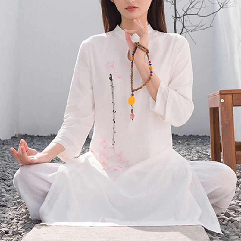 Buddha Stones 2 pezzi modello loto Tai Chi Meditazione Yoga Cotone Lino Abbigliamento Top Pantaloni Set da donna - image 4