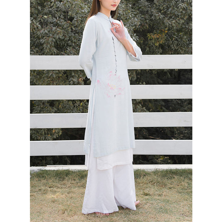 Buddha Stones 2 pezzi modello loto Tai Chi Meditazione Yoga Cotone Lino Abbigliamento Top Pantaloni Set da donna - image 13
