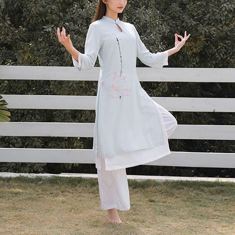 Buddha Stones 2 pezzi modello loto Tai Chi Meditazione Yoga Cotone Lino Abbigliamento Top Pantaloni Set da donna - image 12