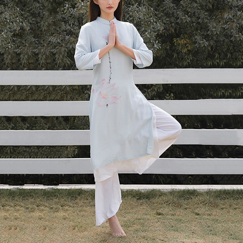 Buddha Stones 2 pezzi modello loto Tai Chi Meditazione Yoga Cotone Lino Abbigliamento Top Pantaloni Set da donna - image 7