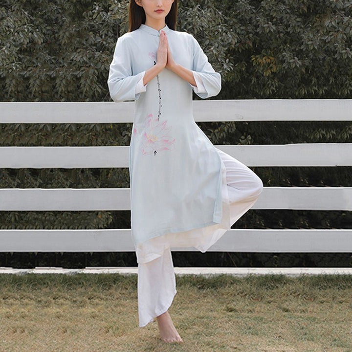 Buddha Stones 2 pezzi modello loto Tai Chi Meditazione Yoga Cotone Lino Abbigliamento Top Pantaloni Set da donna - image 7