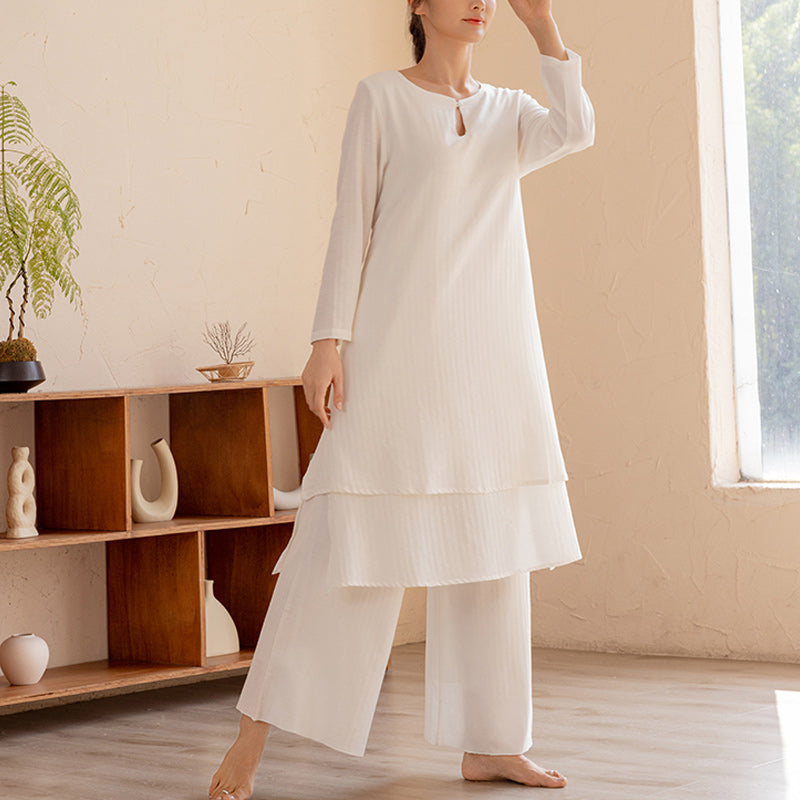 Buddha Stones 2 pezzi Design semplice Tai Chi Meditazione Yoga Abbigliamento Top Pantaloni Set da donna - Bianco (maglietta e pantaloni) - US14, UK/AU18, EU46 (2XL)  - image 0