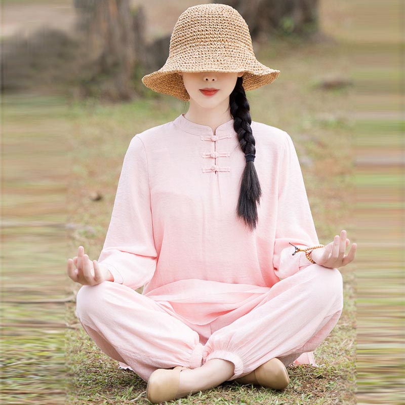 Buddha Stones 2 pezzi design semplice top pantaloni meditazione yoga zen tai chi cotone lino abbigliamento donna set - image 1
