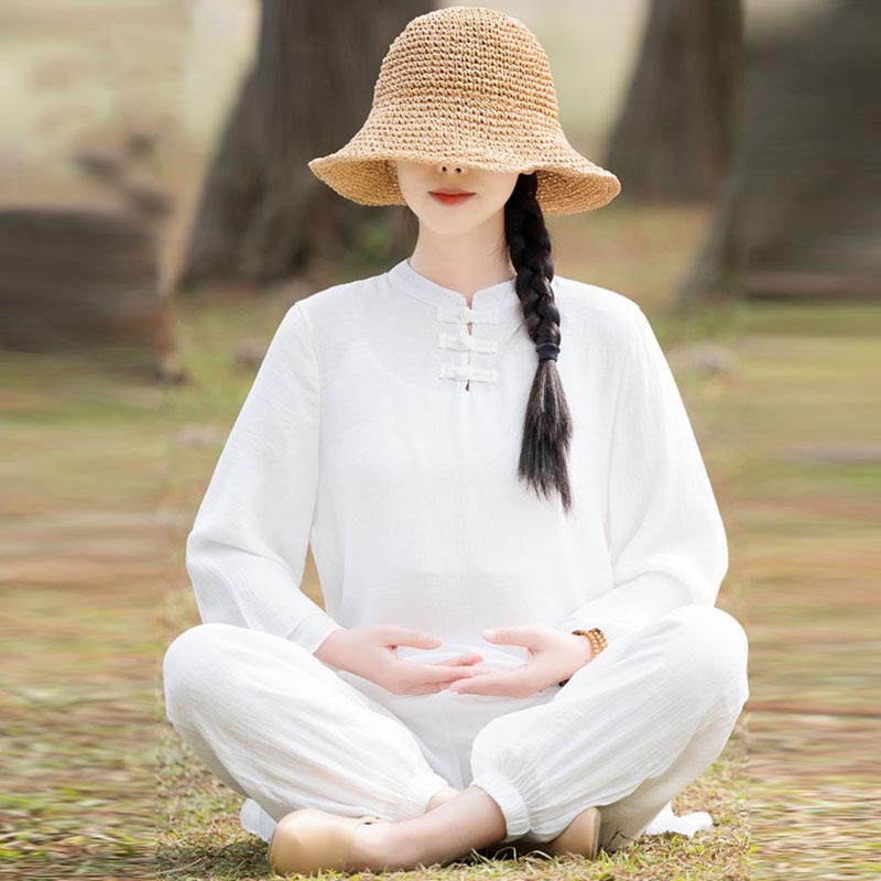 Buddha Stones 2 pezzi design semplice top pantaloni meditazione yoga zen tai chi cotone lino abbigliamento donna set - Bottone cinese a forma di rana bianca sul davanti (top e pantaloni) - US8-10, UK/AU12-14, EU40-42 (2XL) - image 16