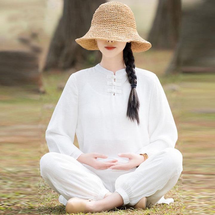 Buddha Stones 2 pezzi design semplice top pantaloni meditazione yoga zen tai chi cotone lino abbigliamento donna set - Bottone cinese a forma di rana bianca sul davanti (top e pantaloni) - US8-10, UK/AU12-14, EU40-42 (2XL) - image 16