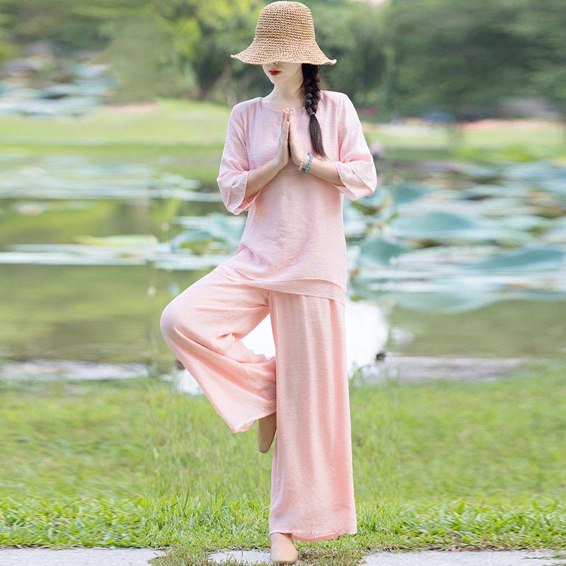 Buddha Stones 2 pezzi design semplice top pantaloni meditazione yoga zen tai chi cotone lino abbigliamento donna set - Rosa (Top e pantaloni) - US8-10, UK/AU12-14, EU40-42 (2XL) - image 23
