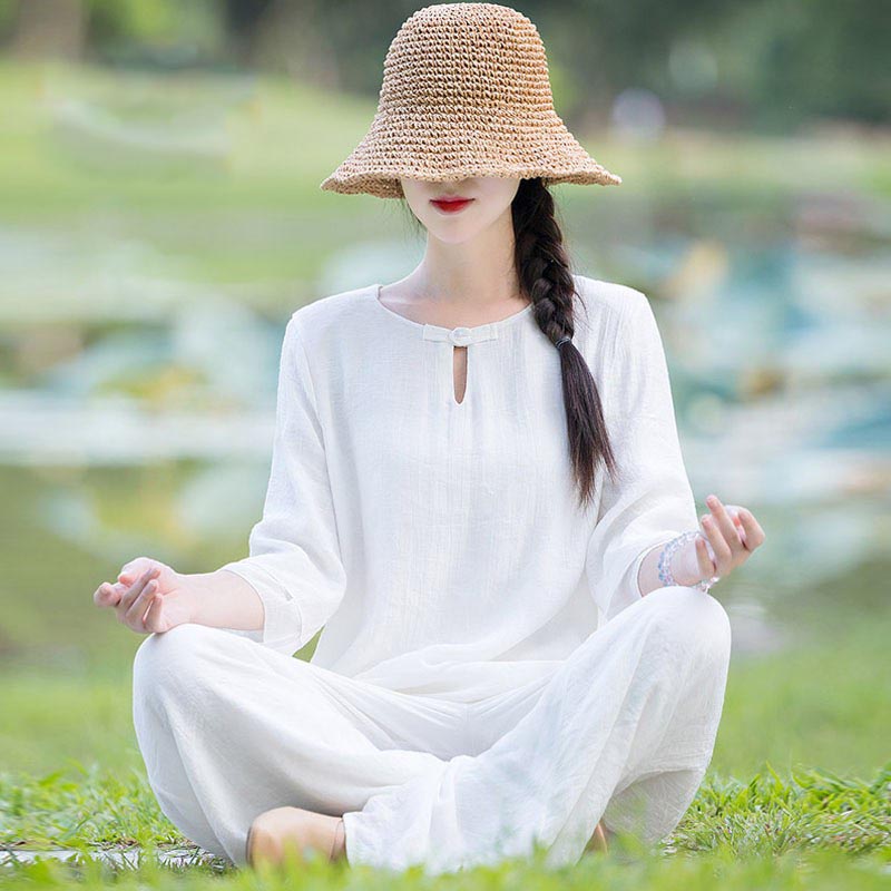 Buddha Stones 2 pezzi design semplice top pantaloni meditazione yoga zen tai chi cotone lino abbigliamento donna set - Bianco (top e pantaloni) - US8-10, UK/AU12-14, EU40-42 (2XL) - image 24