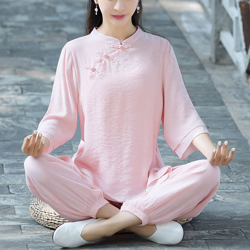 Buddha Stones 2 pezzi design semplice top pantaloni meditazione yoga zen tai chi cotone lino abbigliamento donna set - Bottone a forma di rana cinese rosa (top e pantaloni) - US8-10, UK/AU12-14, EU40-42 (2XL) - image 26