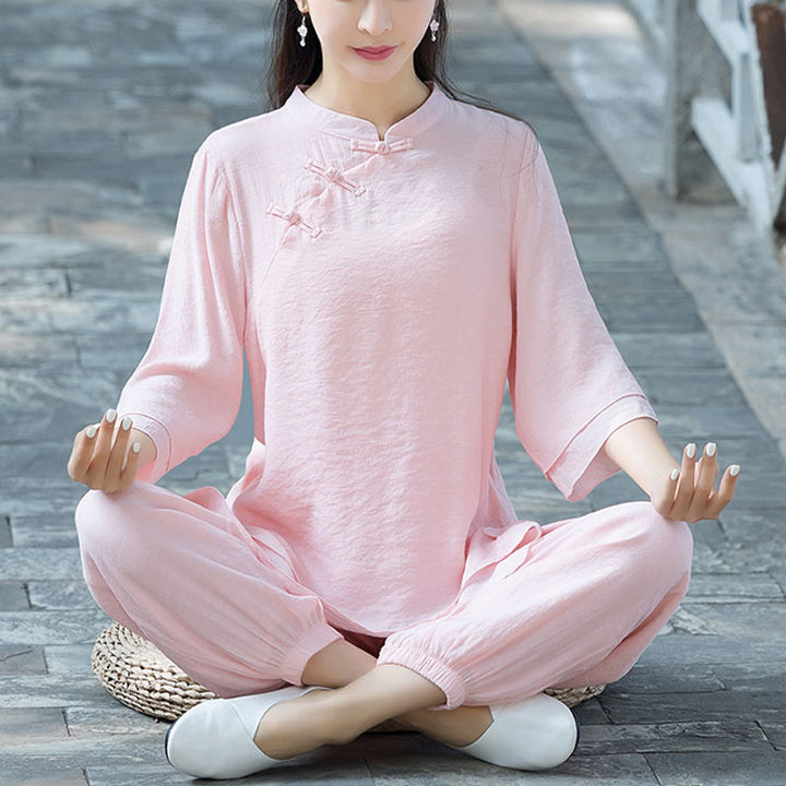 Buddha Stones 2 pezzi design semplice top pantaloni meditazione yoga zen tai chi cotone lino abbigliamento donna set - Bottone a forma di rana cinese rosa (top e pantaloni) - US8-10, UK/AU12-14, EU40-42 (2XL) - image 26