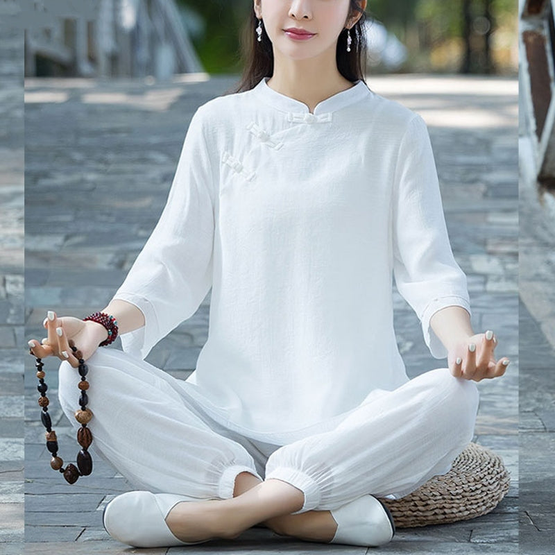 Buddha Stones 2 pezzi design semplice top pantaloni meditazione yoga zen tai chi cotone lino abbigliamento donna set - Bottone cinese bianco a forma di rana (top e pantaloni) - US8-10, UK/AU12-14, EU40-42 (2XL) - image 25