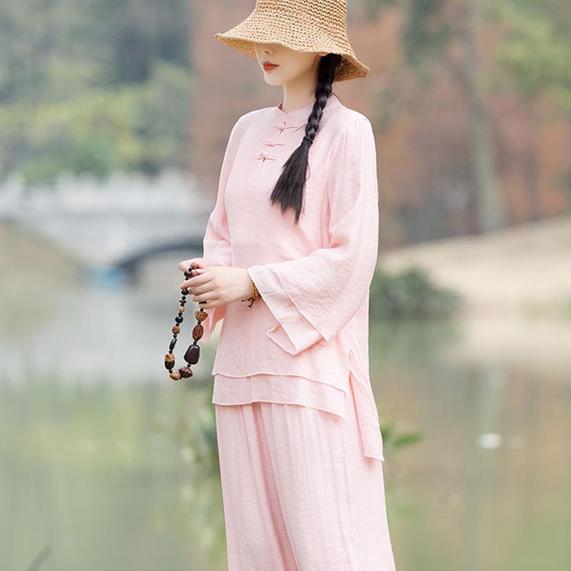 Buddha Stones 2 pezzi design semplice top pantaloni meditazione yoga zen tai chi cotone lino abbigliamento donna set - image 2