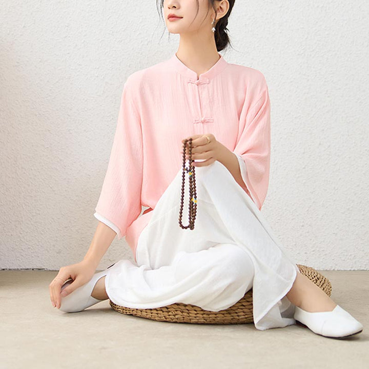 Buddha Stones 2 pezzi semplice cinese rana pulsante design top pantaloni meditazione yoga zen tai chi cotone abbigliamento donna set - image 1