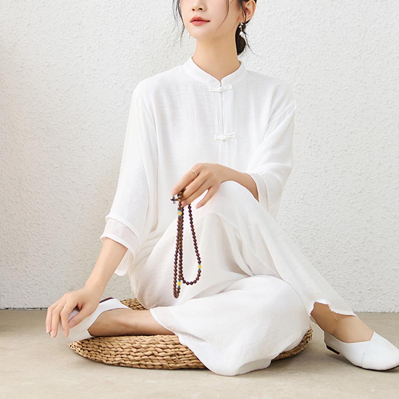 Buddha Stones 2 pezzi semplice cinese rana pulsante design top pantaloni meditazione yoga zen tai chi cotone abbigliamento donna set - Bianco (top e pantaloni) - US12, UK/AU16, EU44 (2XL) - image 8