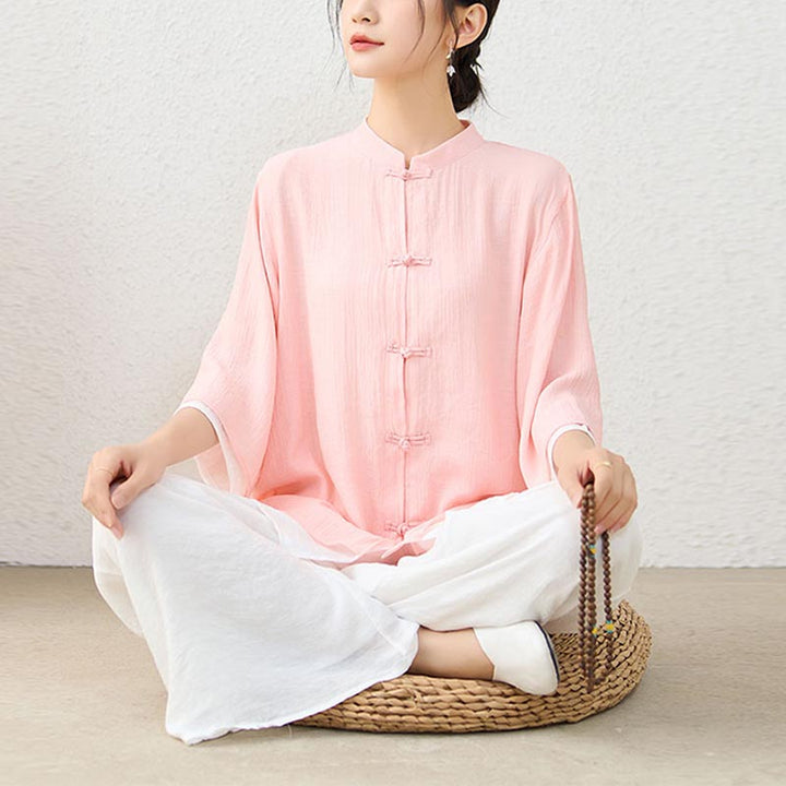 Buddha Stones 2 pezzi semplice cinese rana pulsante design top pantaloni meditazione yoga zen tai chi cotone abbigliamento donna set - Top rosa e pantaloni bianchi - US12, UK/AU16, EU44 (2XL) - image 0