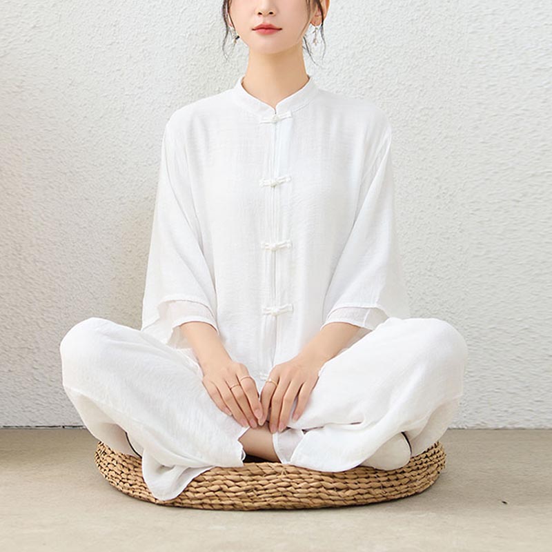 Buddha Stones 2 pezzi semplice cinese rana pulsante design top pantaloni meditazione yoga zen tai chi cotone abbigliamento donna set - image 9