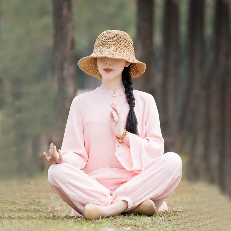 Buddha Stones 2 pezzi design semplice top pantaloni meditazione yoga zen tai chi cotone lino abbigliamento donna set - Bottone frontale rosa a forma di rana cinese (top e pantaloni) - US8-10, UK/AU12-14, EU40-42 (2XL) - image 0