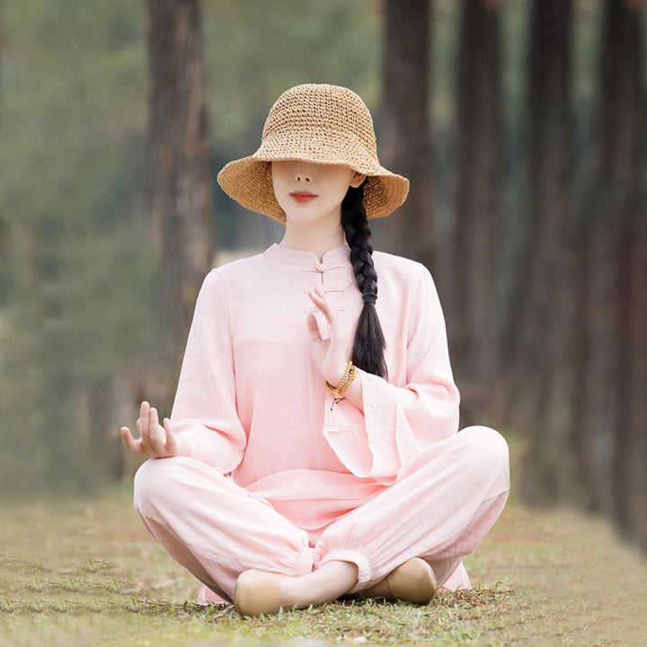 Buddha Stones 2 pezzi design semplice top pantaloni meditazione yoga zen tai chi cotone lino abbigliamento donna set - Bottone frontale rosa a forma di rana cinese (top e pantaloni) - US8-10, UK/AU12-14, EU40-42 (2XL) - image 0
