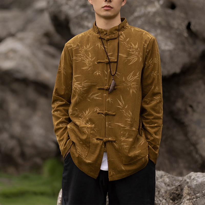 Buddha Stones Bamboo Leaves Abbigliamento Cinese Tang Suit Giacca Cappotto Uomo Abbigliamento - Giallo (solo la parte superiore) - US/UK/AU46, EU56 (5XL)  - image 0