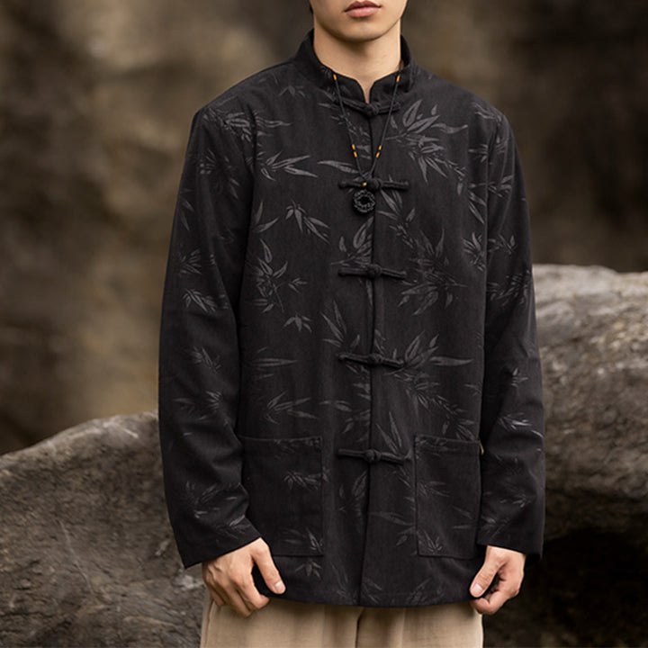 Buddha Stones Bamboo Leaves Abbigliamento Cinese Tang Suit Giacca Cappotto Uomo Abbigliamento - Nero (solo parte superiore) - US/UK/AU46, EU56 (5XL)  - image 5