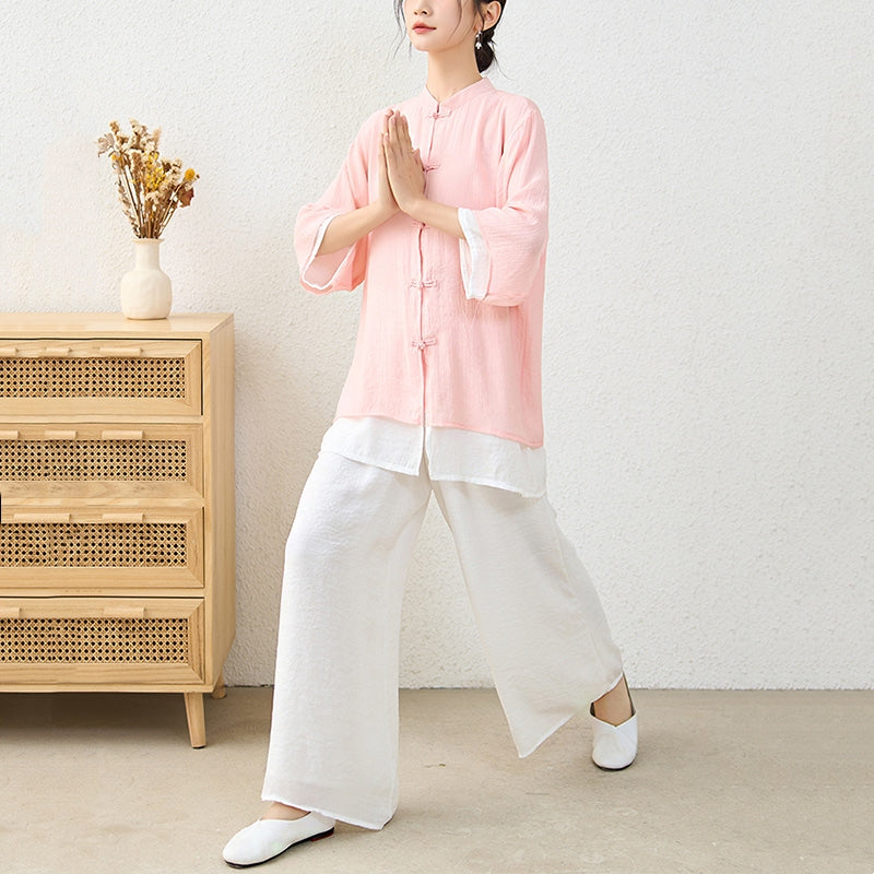 Buddha Stones 2 pezzi semplice cinese rana pulsante design top pantaloni meditazione yoga zen tai chi cotone abbigliamento donna set - image 4