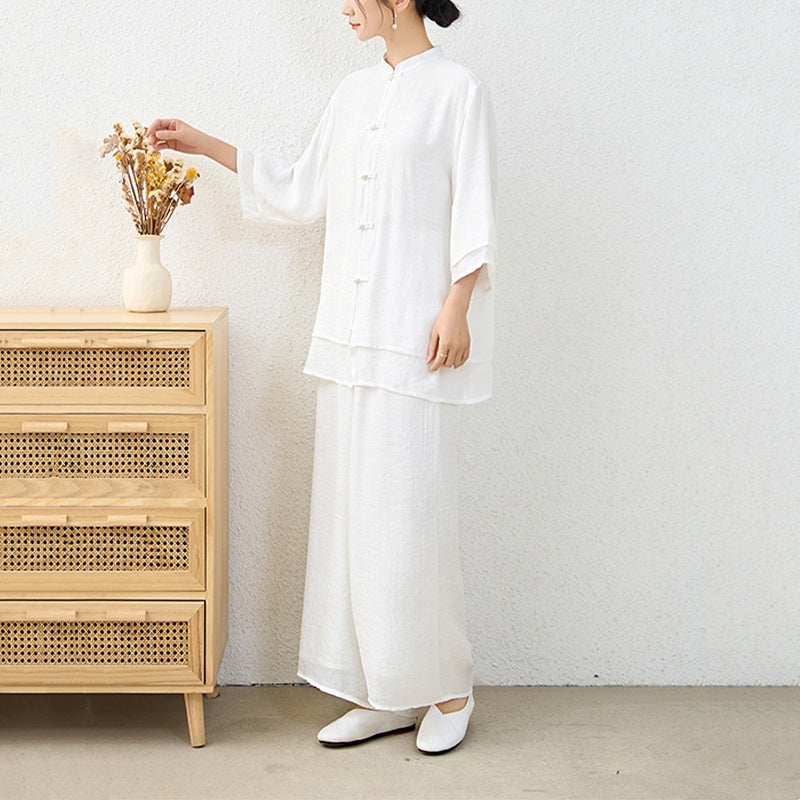 Buddha Stones 2 pezzi semplice cinese rana pulsante design top pantaloni meditazione yoga zen tai chi cotone abbigliamento donna set - image 19