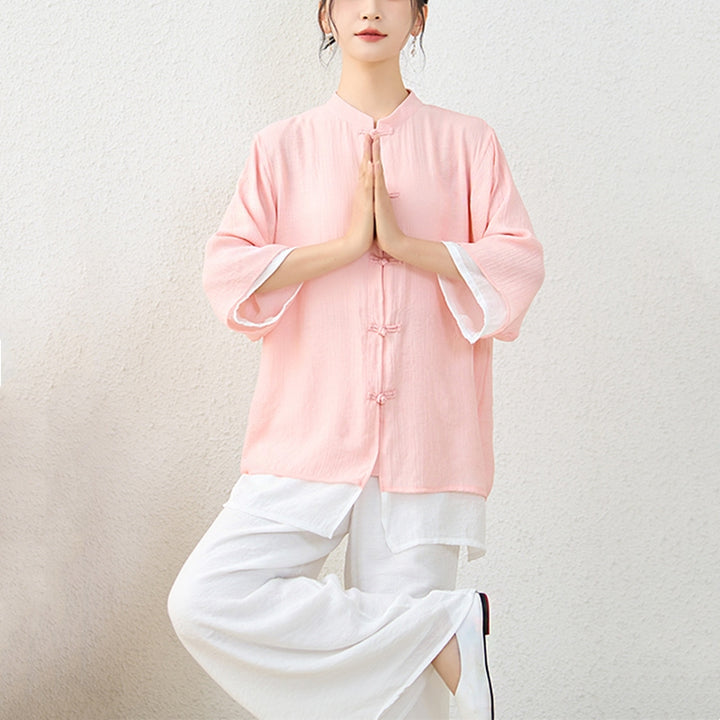 Buddha Stones 2 pezzi semplice cinese rana pulsante design top pantaloni meditazione yoga zen tai chi cotone abbigliamento donna set - image 3