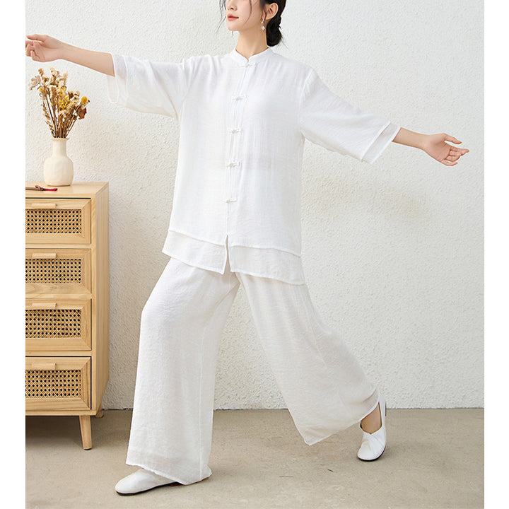 Buddha Stones 2 pezzi semplice cinese rana pulsante design top pantaloni meditazione yoga zen tai chi cotone abbigliamento donna set - image 20