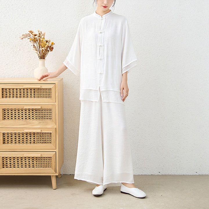 Buddha Stones 2 pezzi semplice cinese rana pulsante design top pantaloni meditazione yoga zen tai chi cotone abbigliamento donna set - image 18